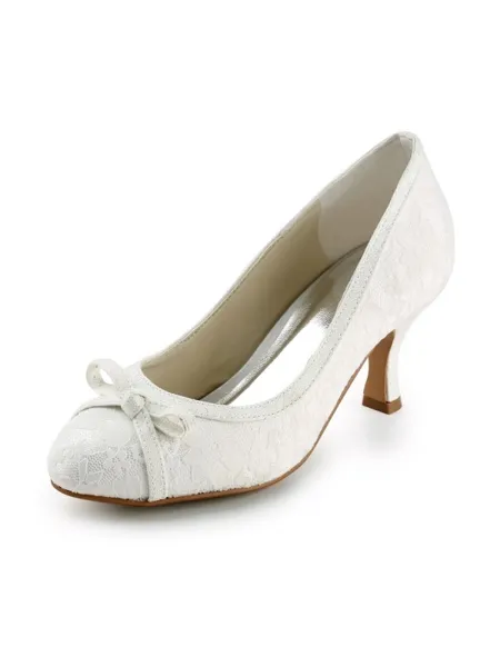 Women's Satin Spool Heel Closed Toe Pumps Ivory Wedding Shoes With Bowknot