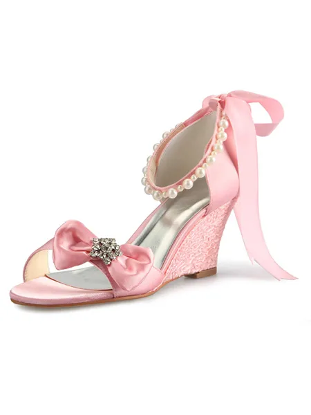 Women's Satin Wedge Heel Peep Toe With Rhinestone Pearl Bowknot Pink Wedding Shoes
