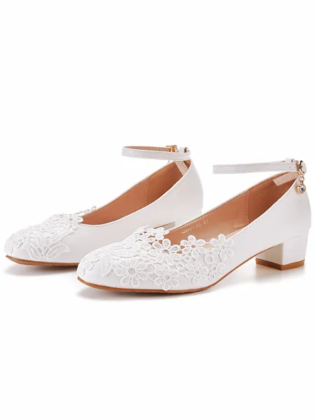Women's Leatherette With Lace Closed Toe Chunky Heel Wedding Shoes