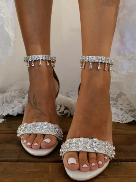 Women's PU With Rhinestone Peep Toe Chunky Heel Wedding Shoes