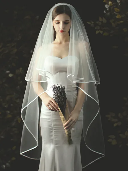 Classic Tulle Two Tier Waltz Wedding Veils With Ribbon Edge