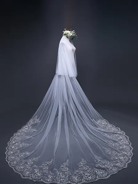 Fashion Tulle With Lace Long Wedding Veils