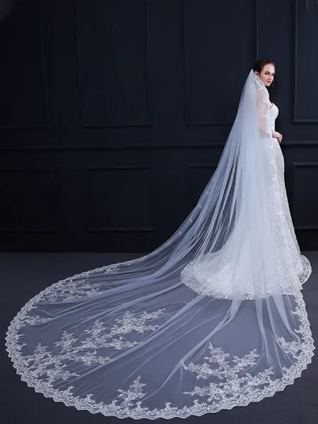 Graceful Tulle One-Tier Cathedral Bridal Veils With Applique