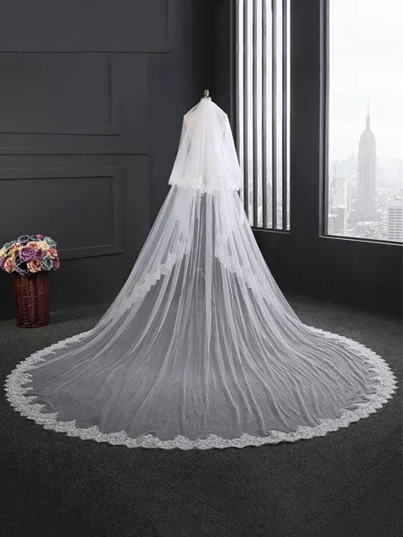 Fashion 2 Layer Tulle With Lace Long Wedding Veils