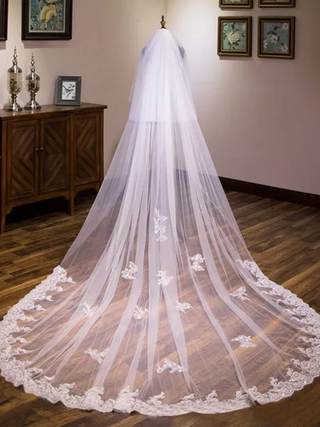 Pretty Tulle Two-Tier Cathedral Bridal Veils With Applique