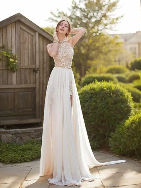 A-line Halter Sleeveless...