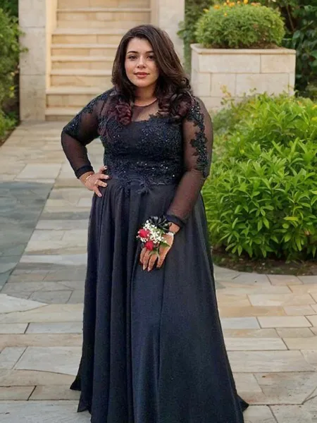 A-line Sheer Neck Long...