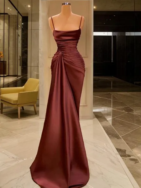 Sheath/Column Spaghetti Straps Sleeveless Sleek Sweep Train Silk like Satin Prom Dress