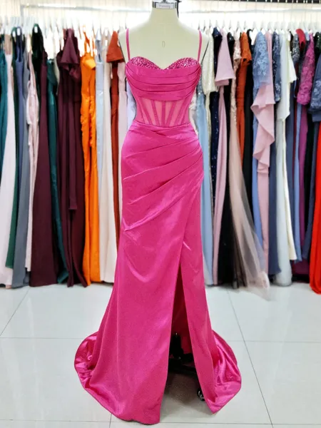 Sheath/Column Spaghetti Straps Elegant Sleeveless Sweep Train Silk like Satin Prom Dress