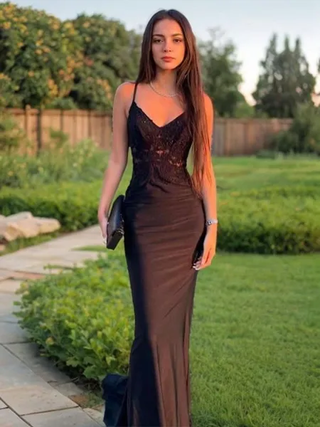 Sheath/Column V-Neck Sleeveless Sweep Train Clean-lined Silk like Satin Prom Dress