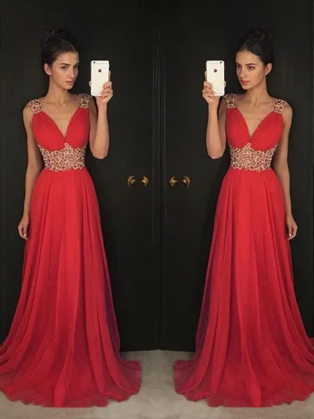 A-line V-Neck Sleeveless...