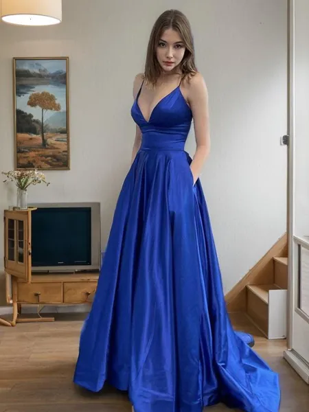 A-line V-Neck Sleeveless Charming Sweep Train Satin Prom Dress