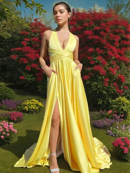 A-line V-Neck Sleeveless...