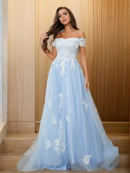 A-line Off-the-Shoulder Sleeveless Delicate Sweep Train Tulle Prom Dresses
