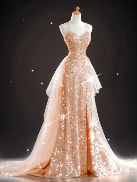 Elegant A-line V-neck Sweep Train Prom Dress With Slit