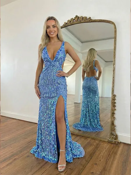 Stunning Sheath V-Neck Sequin Sweep Train Prom Dress