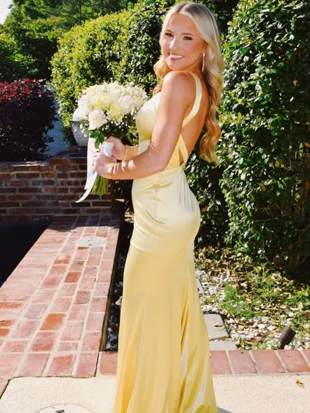 Hot Sheath Straps Sweep Train Silk Like Satin Corset Prom Dress