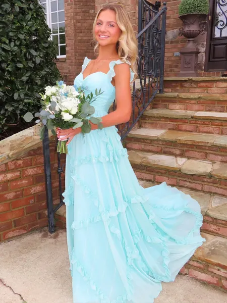 Luxurious A-Line Straps Ruffles Sweep Train Chiffon Prom Dress