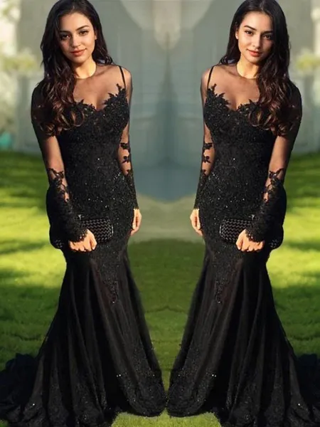 Flattering Trumpet/Mermaid Sheer Neck Long Sleeves Sweep Train Tulle Evening Dress With Applique