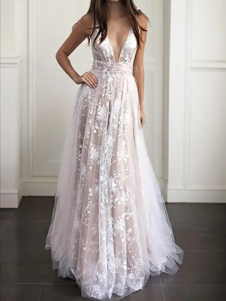 A-line V-Neck Sleeveless...