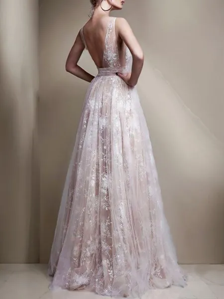 A-line V-Neck Sleeveless...