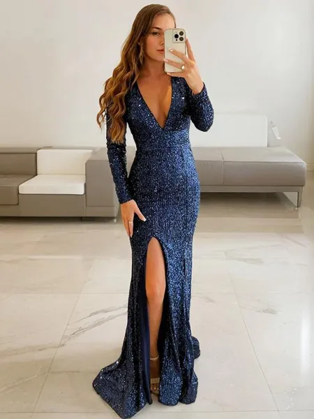 Sheath/Column V-Neck Long Sleeves Sweep Train Shimmery Sequins Evening Dress With Slit