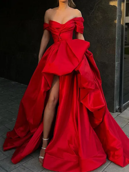 Hermosos A-line Off-the-Shoulder Pleated Sweep Train Satin Evening Dress