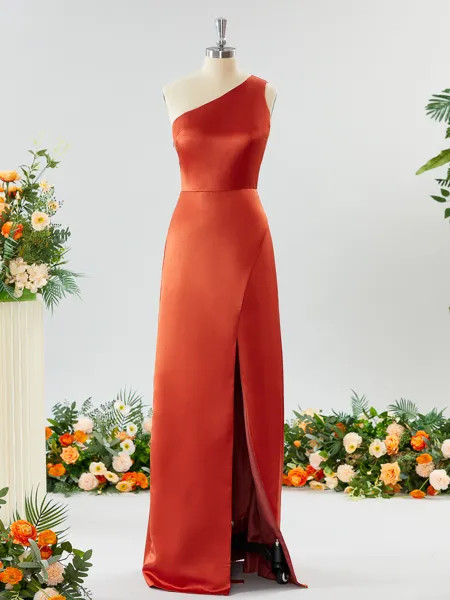Sheath/Column One-Shoulder Splendid Satin Bridesmaid Dress With Slit