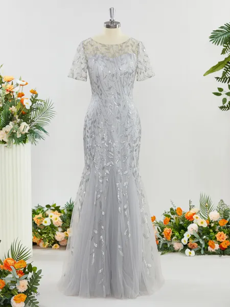 A-line Bateau Regal Short Sleeves Ankle-Length Tulle Mother of the Bride Dress With Sequin