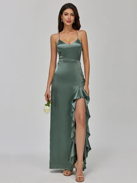Timeless Sheath V-Neck Ruffles Floor-Length Silk Like Satin Bridesmaid Dress