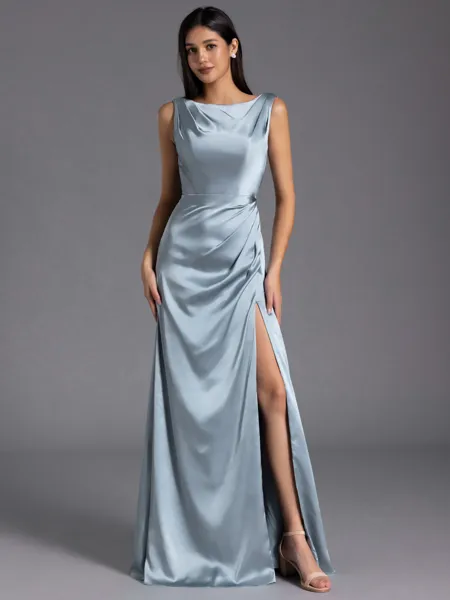 Glamorous Sheath Scoop Pleated Floor-Length Silk Like Satin Bridesmaid Dress