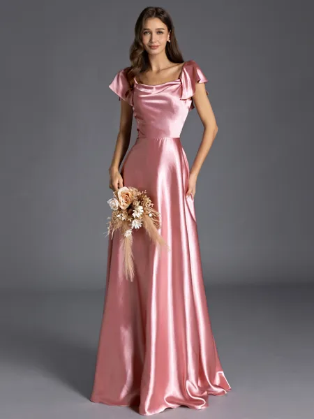 Aristocratic A-line Square Short Sleeves Floor-Length Silk like Satin Bridesmaid Dress