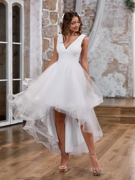 Princess A-line V-neck Asymmetrical Tulle Wedding Dress With Pleated