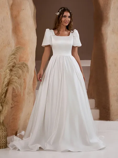 Gorgeous Ball Gown Square Short Sleeves Charmeuse Chapel Train Wedding Dress