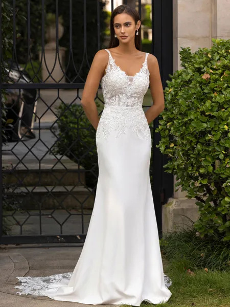 Glamorous Sheath/Column Stretch Crepe Lace V-Neck Sleeveless Sweep/Brush Train Wedding Dress