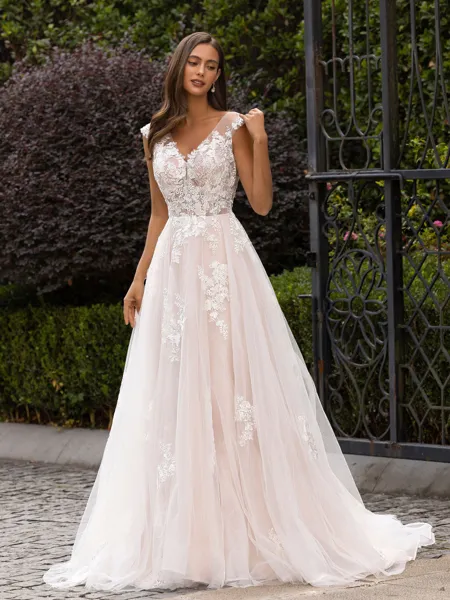 Statuesque A-Line/Princess Lace Applique V-Neck Sleeveless Sweep/Brush Train Wedding Dress