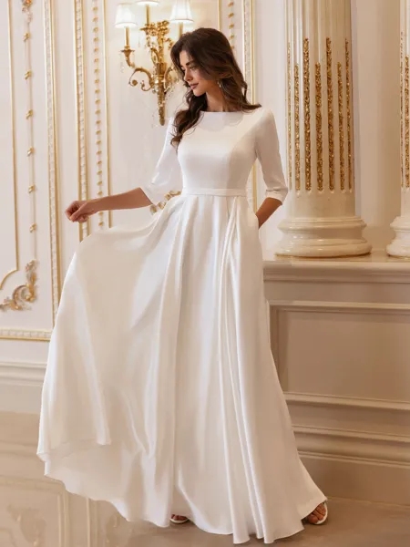 Elegant A-line Bateau 3/4 Sleeves Floor-Length Wedding Dress
