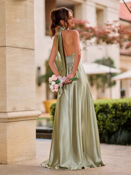 Glamorous A-line Halter Bow...