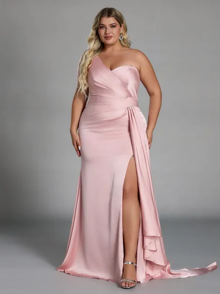 Unique Sheath One-Shoulder Pleated Floor-Length NS Elastic Woven Satin Corset Plus Size Bridesmaid Dress