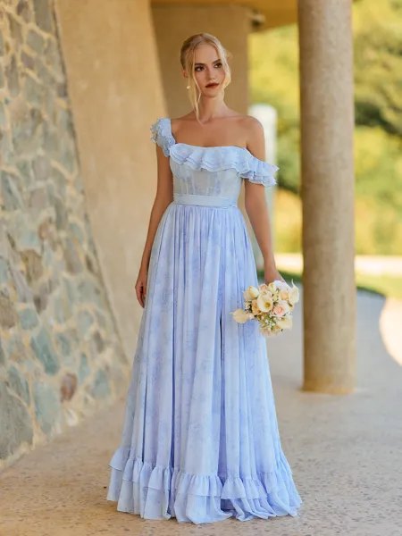Extravagant A-line One-Shoulder Ruffles Floor-Length Corset Bridesmaid Dress