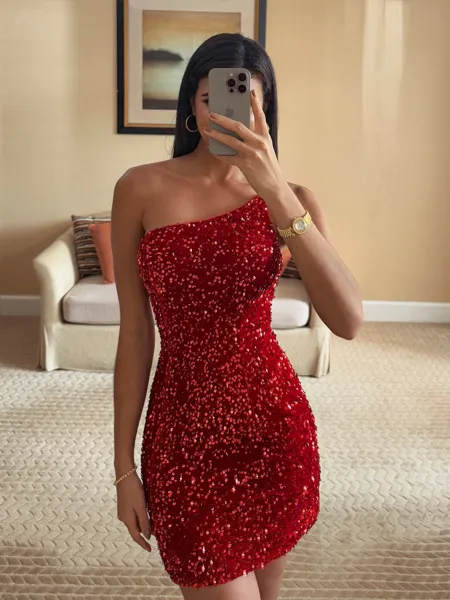 Perfect Sheath One-Shoulder Short/Mini Velvet Sequins Homecoming Dress