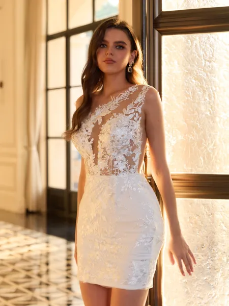 Exquisite Sheath Scoop Appliques Lace Short/Mini Lace Homecoming Dress