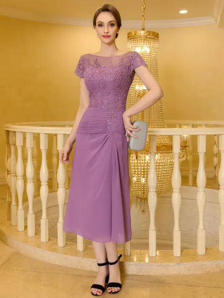 Statuesque Sheath Chiffon Applique Scoop Short Sleeves Tea-Length Mother of the Bride Dress