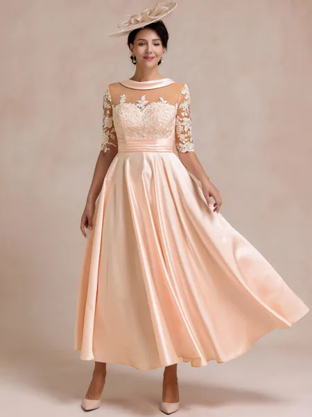 Elegant A-line Scoop 1/2 Sleeves Appliques Lace Ankle-Length Satin Mother of the Bride Dress