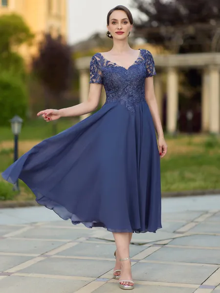 Impeccable A-line V-Neck Short Sleeves Appliques Lace Tea-Length Chiffon Mother of the Bride Dress