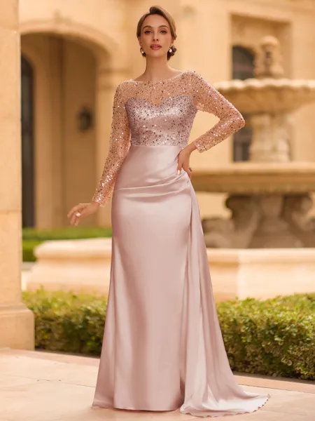 Sophisticated Sheath Scoop Long Sleeves Sequin Floor-Length Silk Like Satin Mother of the Bride Dress