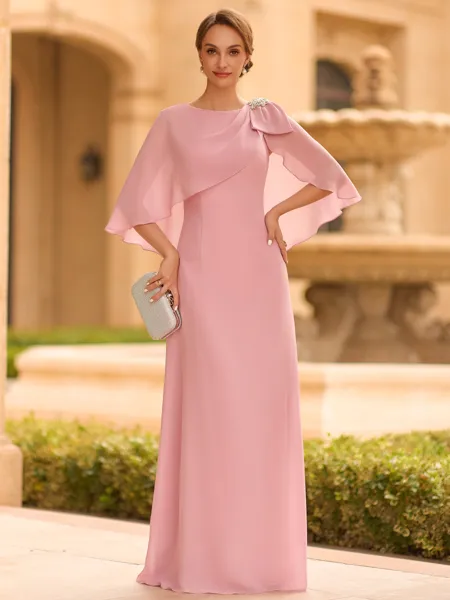 Graceful A-line Scoop 1/2 Sleeves Bow Floor-Length Chiffon Mother of the Bride Dress