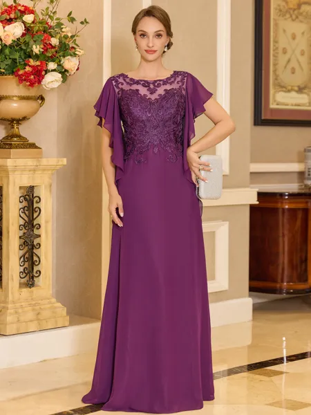 Stylish A-line Scoop Short Sleeves Appliques Lace Floor-Length Chiffon Mother of the Bride Dress