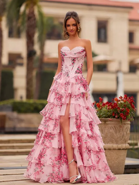 Pink Floral Strapless Satin...