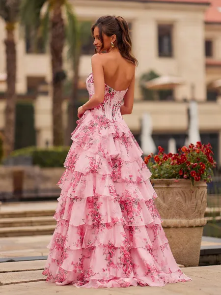Pink Floral Strapless Satin...
